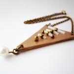 Tribal necklace, triangle leather necklace, geometric jewelry, champagne leather necklace, bronze crystal necklace, white pearl necklace