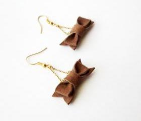 Bow earrings, leather bow earing, cute earrings, dangle earrings, chain earrings, pick your color