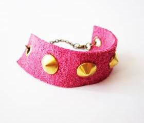 Leather spike bracelet, pink leather gold spikes cuff, gold stud pink cuff, girly punk bracelet, neon pink jewelry