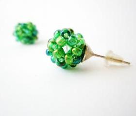 Green post earrings, iridiscent green earrings studs, small, cute, summer, spring fashion, ball, chemistry earrings