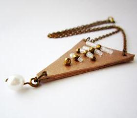 Tribal necklace, triangle leather necklace, geometric jewelry, champagne leather necklace, bronze crystal necklace, white pearl necklace