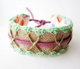 Pastel bracelet cuff - Ecofriendly Pistachio, purple, beige, handmade, crochet, embroidery cuff, cute bracelet