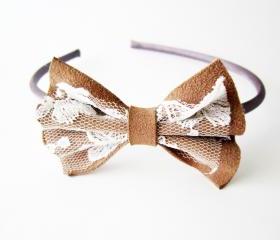 Bow headband, lace leather bow, brown headband, leather and lace hair accessory, romantic accessory