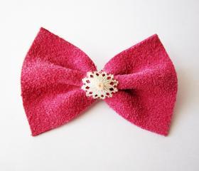 Pink leather bow brooch, pink bow pin, snowflake silver bow brooch, leather pin, leather bow pin, girly brooch