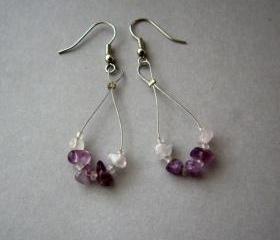 Purple amethyst hoop dangle earrings, pink amethyst earrings, pink quartz earrings. Ready to ship